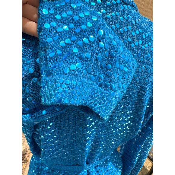 VTG 1980s St. John Sky Blu Round Metallic Paillettes Belted LS Wrap Sweater SZ M - Picture 9 of 13